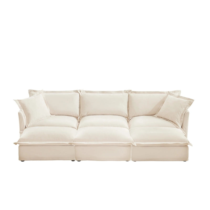 Canapé modulaire 3 places en velours côtelé bleu / crème / vert / noir avec 3 poufs et fonction couchage, pour 3 à 4 personnes