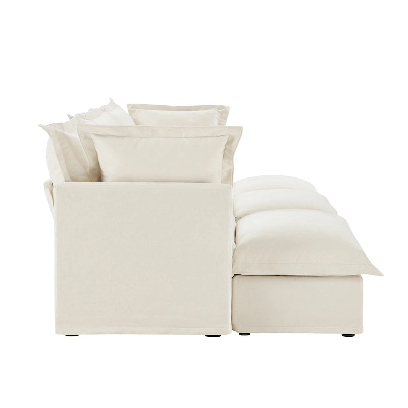 Canapé modulaire 3 places en velours côtelé bleu / crème / vert / noir avec 3 poufs et fonction couchage, pour 3 à 4 personnes