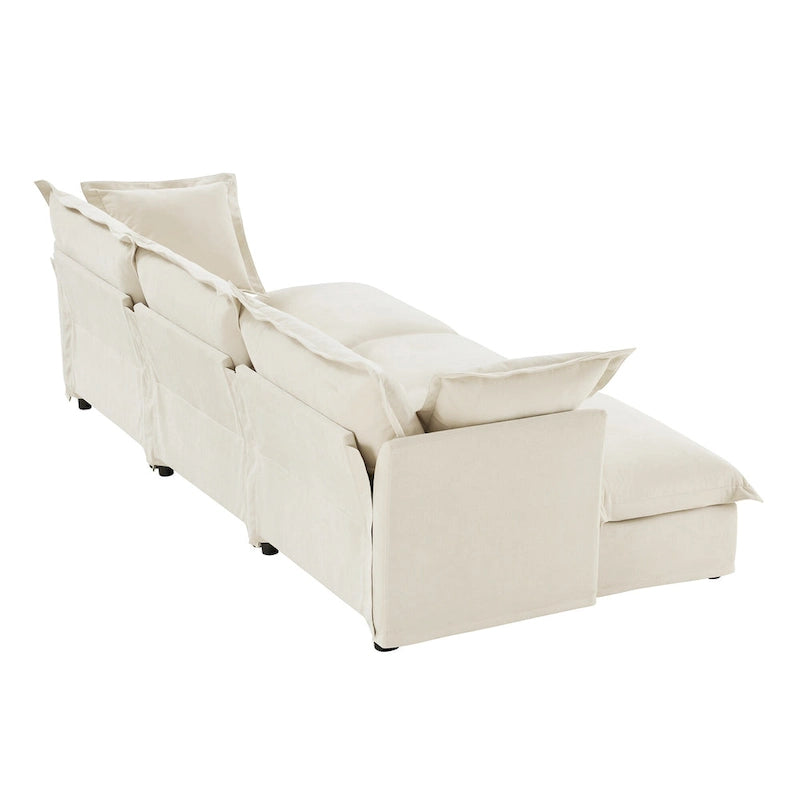 Canapé modulaire 3 places en velours côtelé bleu / crème / vert / noir avec 3 poufs et fonction couchage, pour 3 à 4 personnes