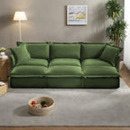 Canapé modulaire 3 places en velours côtelé bleu / crème / vert / noir avec 3 poufs et fonction couchage, pour 3 à 4 personnes