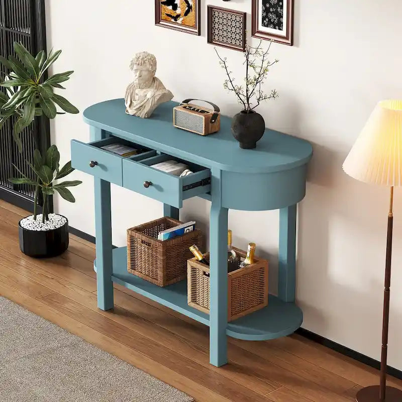 Bleu marine / Blanc antique / Vert turquoise / Espresso / Gris, console vintage brillante avec 2 tiroirs, pour 1