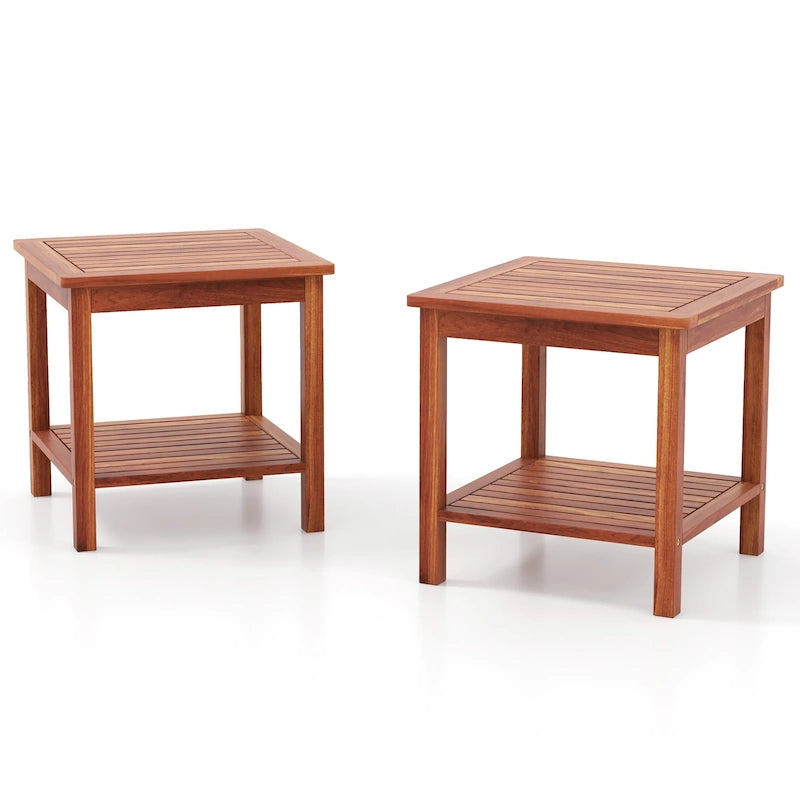 Table d'appoint de patio carrée en bois naturel à 2 niveaux, lot de 2