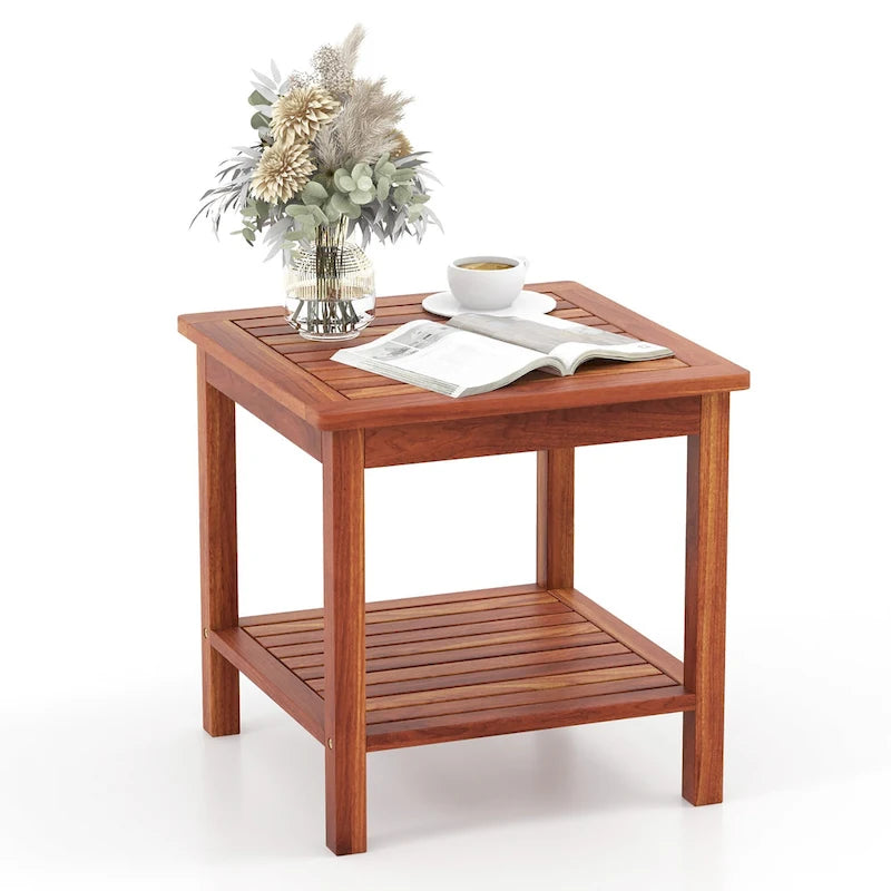 Table d'appoint de patio carrée en bois naturel à 2 niveaux, lot de 2