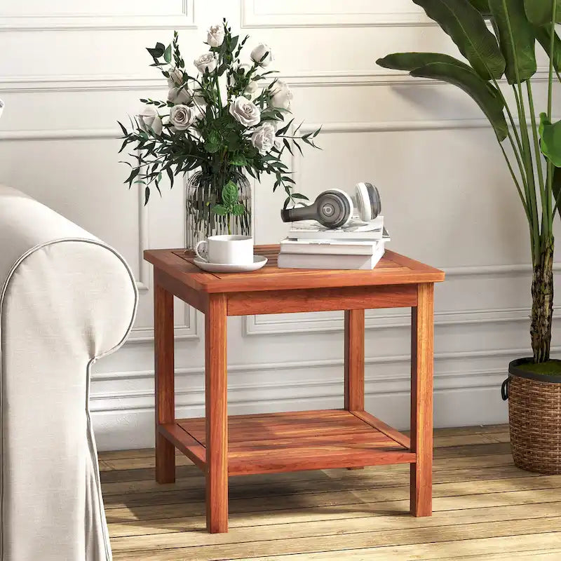Table d'appoint de patio carrée en bois naturel à 2 niveaux, lot de 2