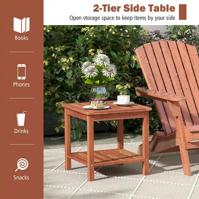 Table d'appoint de patio carrée en bois naturel à 2 niveaux, lot de 2