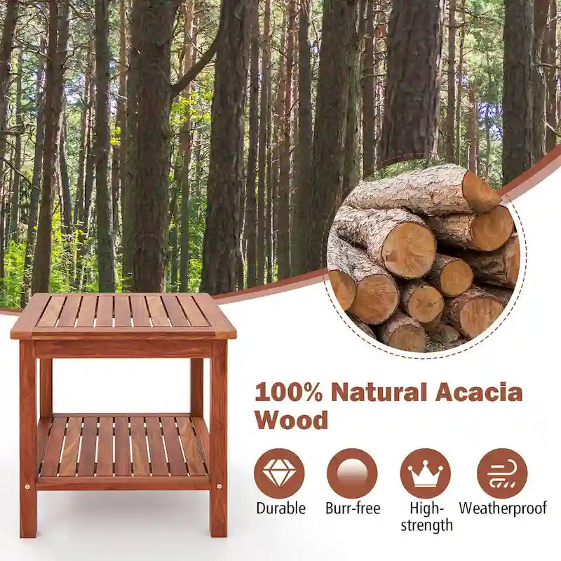 Table d'appoint de patio carrée en bois naturel à 2 niveaux, lot de 2