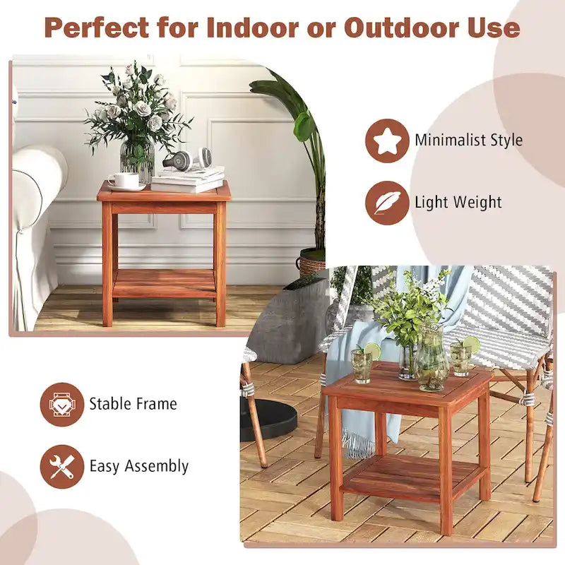 Table d'appoint de patio carrée en bois naturel à 2 niveaux, lot de 2