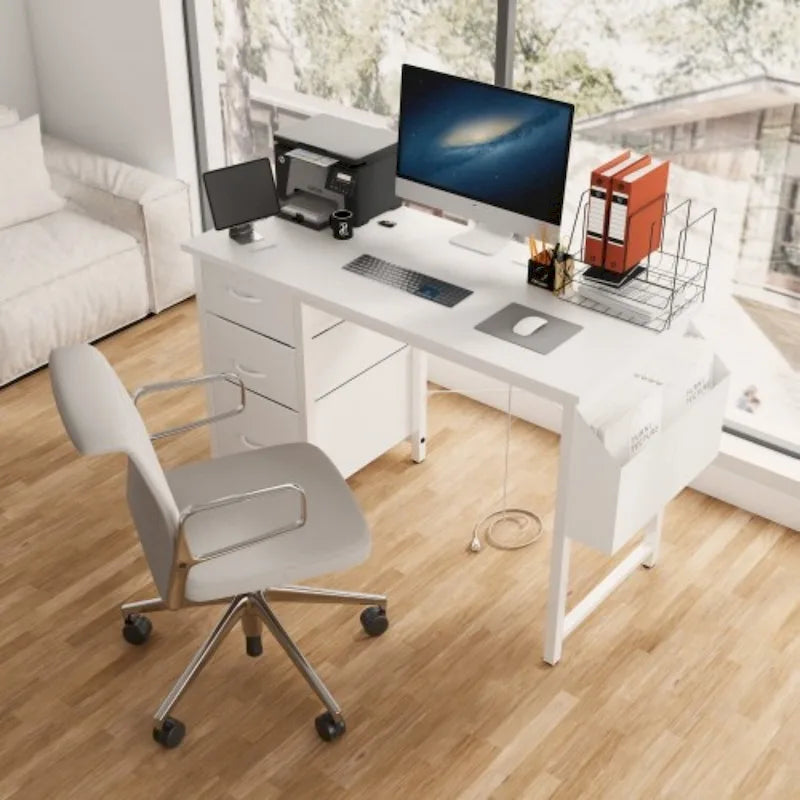 Bureau de travail individuel, de style moderne, marron/blanc/noir, avec rehausse, 3 tiroirs et prises électriques
