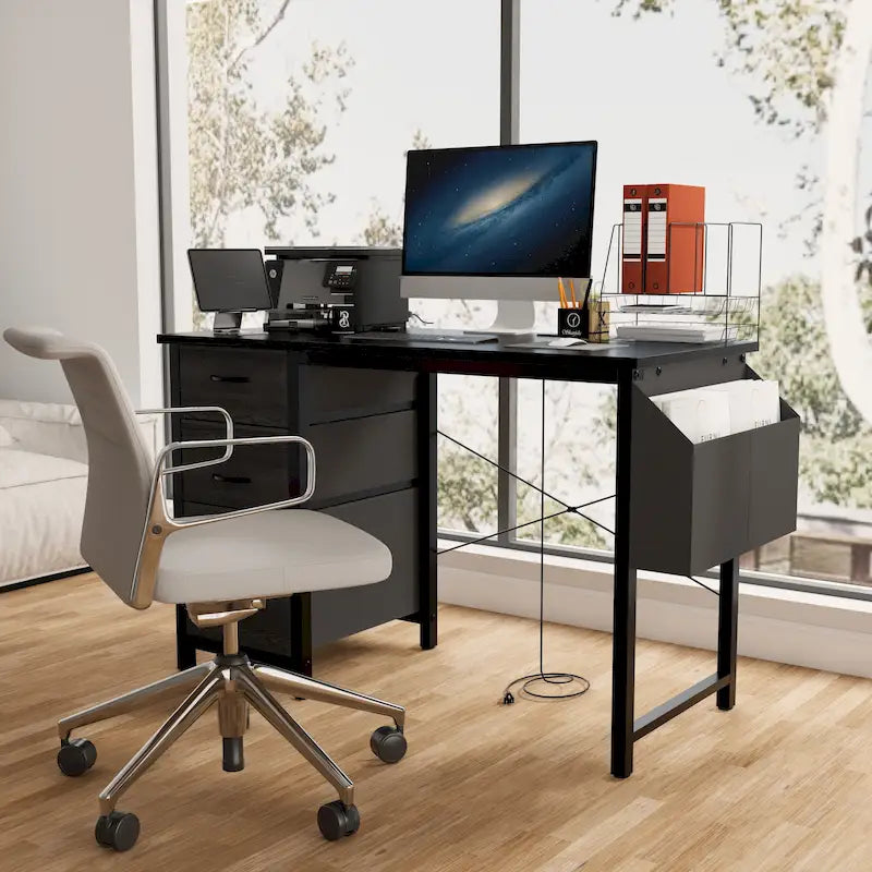 Bureau de travail individuel, de style moderne, marron/blanc/noir, avec rehausse, 3 tiroirs et prises électriques