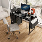 Bureau de travail individuel, de style moderne, marron/blanc/noir, avec rehausse, 3 tiroirs et prises électriques