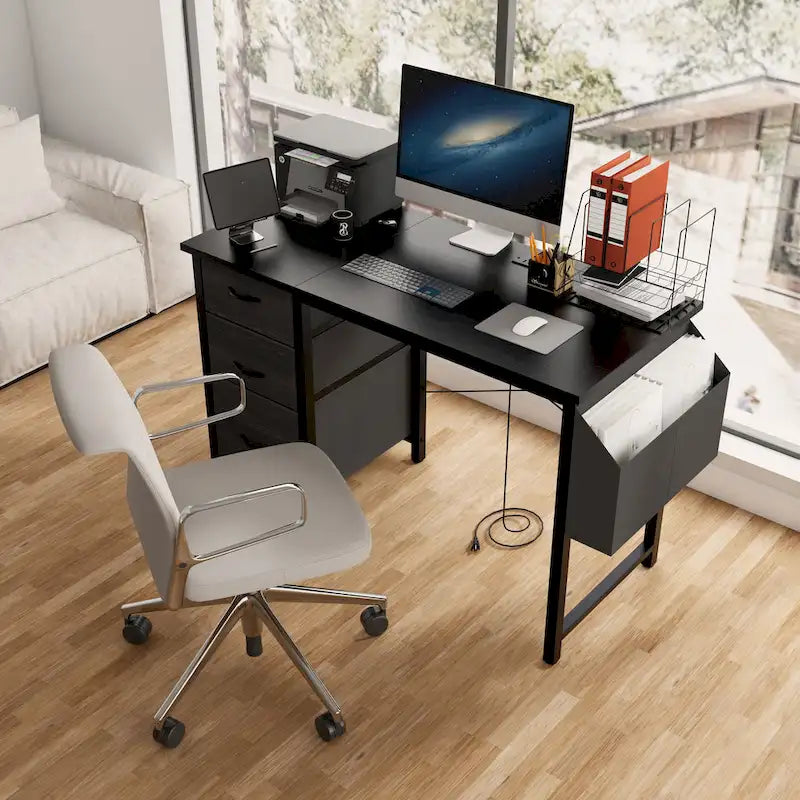 Bureau de travail individuel, de style moderne, marron/blanc/noir, avec rehausse, 3 tiroirs et prises électriques