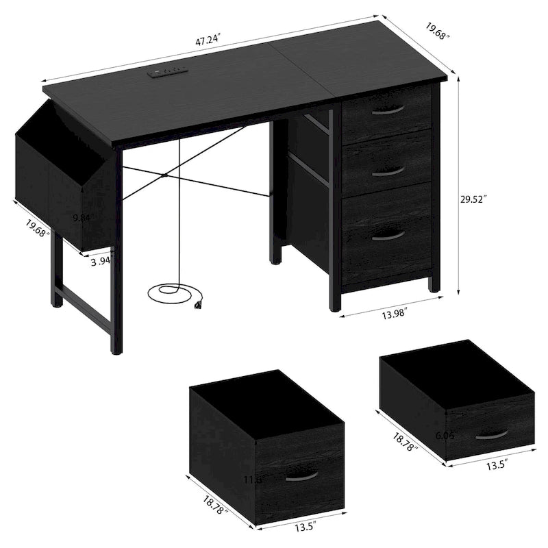 Bureau de travail individuel, de style moderne, marron/blanc/noir, avec rehausse, 3 tiroirs et prises électriques