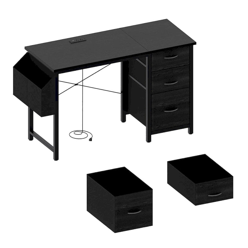Bureau de travail individuel, de style moderne, marron/blanc/noir, avec rehausse, 3 tiroirs et prises électriques