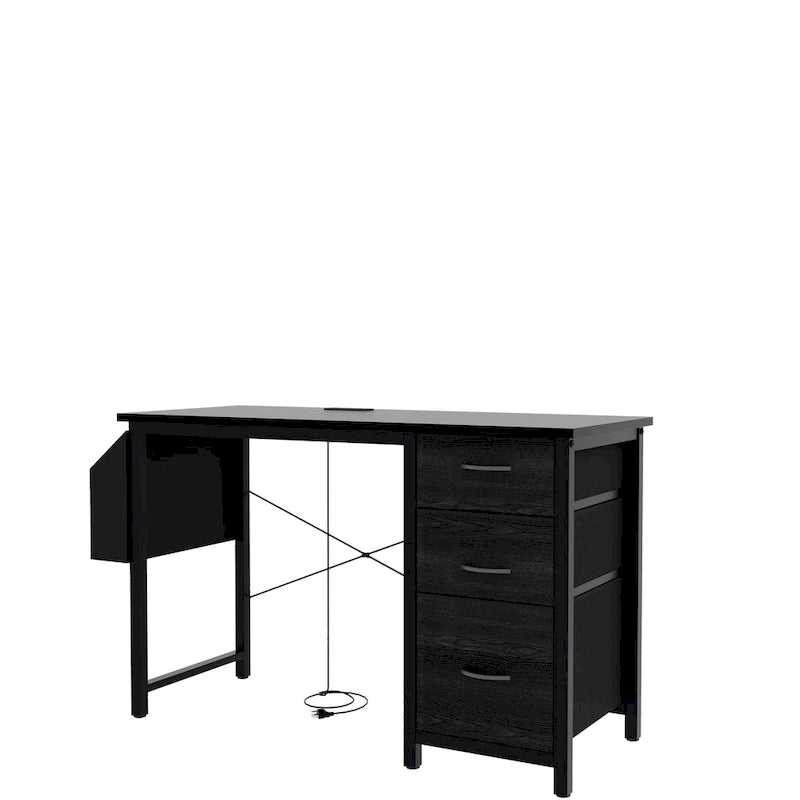Bureau de travail individuel, de style moderne, marron/blanc/noir, avec rehausse, 3 tiroirs et prises électriques