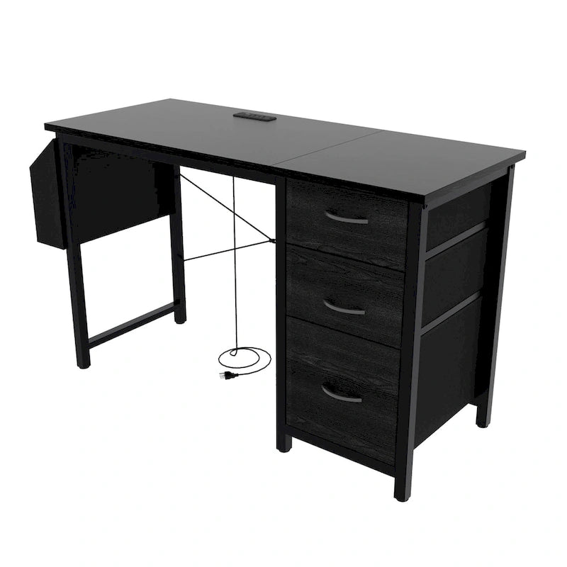 Bureau de travail individuel, de style moderne, marron/blanc/noir, avec rehausse, 3 tiroirs et prises électriques