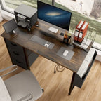 Bureau de travail individuel, de style moderne, marron/blanc/noir, avec rehausse, 3 tiroirs et prises électriques