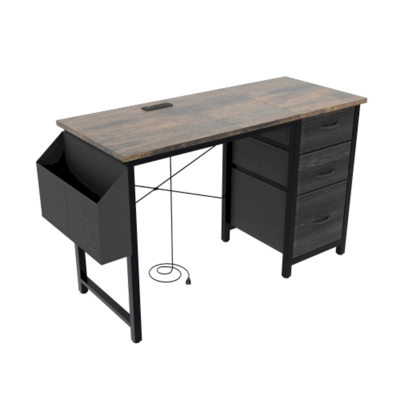 Bureau de travail individuel, de style moderne, marron/blanc/noir, avec rehausse, 3 tiroirs et prises électriques
