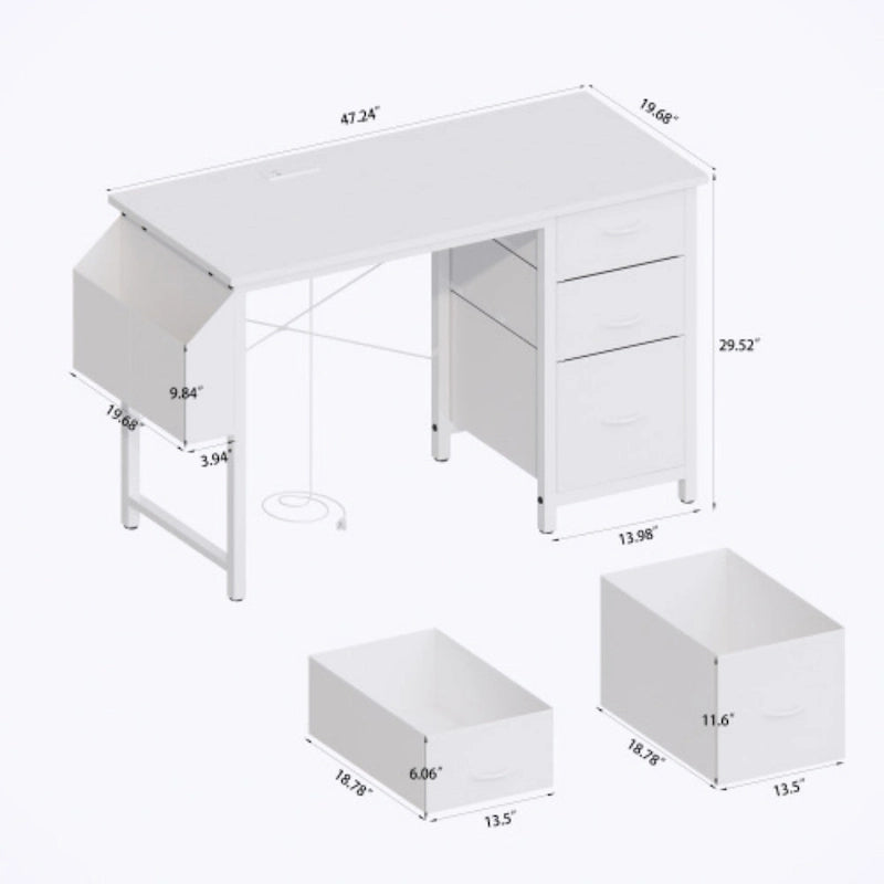 Bureau de travail individuel, de style moderne, marron/blanc/noir, avec rehausse, 3 tiroirs et prises électriques