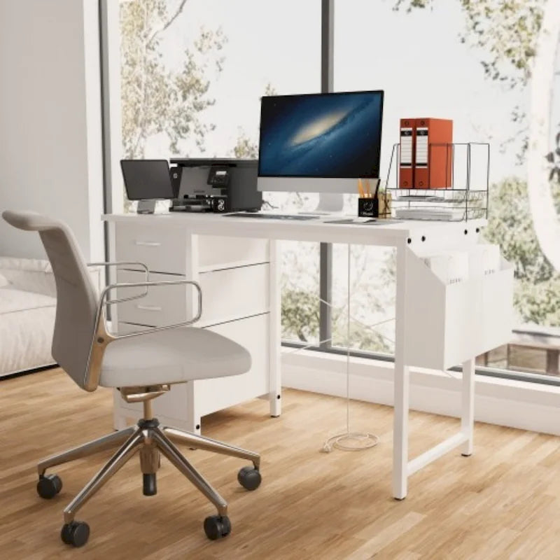 Bureau de travail individuel, de style moderne, marron/blanc/noir, avec rehausse, 3 tiroirs et prises électriques