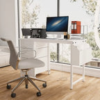 Bureau de travail individuel, de style moderne, marron/blanc/noir, avec rehausse, 3 tiroirs et prises électriques