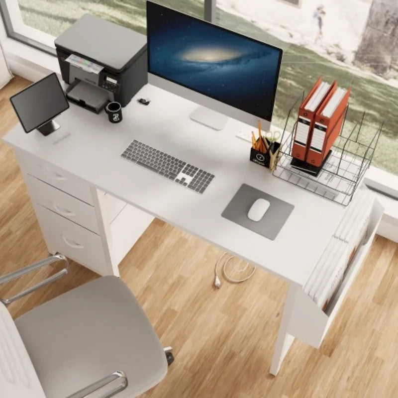 Bureau de travail individuel, de style moderne, marron/blanc/noir, avec rehausse, 3 tiroirs et prises électriques