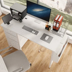 Bureau de travail individuel, de style moderne, marron/blanc/noir, avec rehausse, 3 tiroirs et prises électriques