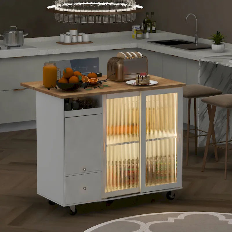 Îlot de cuisine roulant gris et bleu avec abattant, lumière LED et portes coulissantes en verre, 1 personne