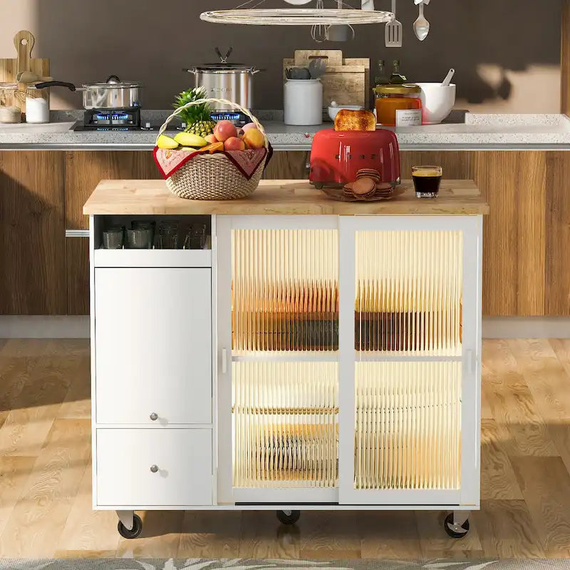 Îlot de cuisine roulant gris et bleu avec abattant, lumière LED et portes coulissantes en verre, 1 personne