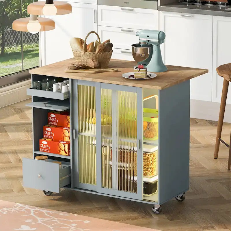 Îlot de cuisine roulant gris et bleu avec abattant, lumière LED et portes coulissantes en verre, 1 personne