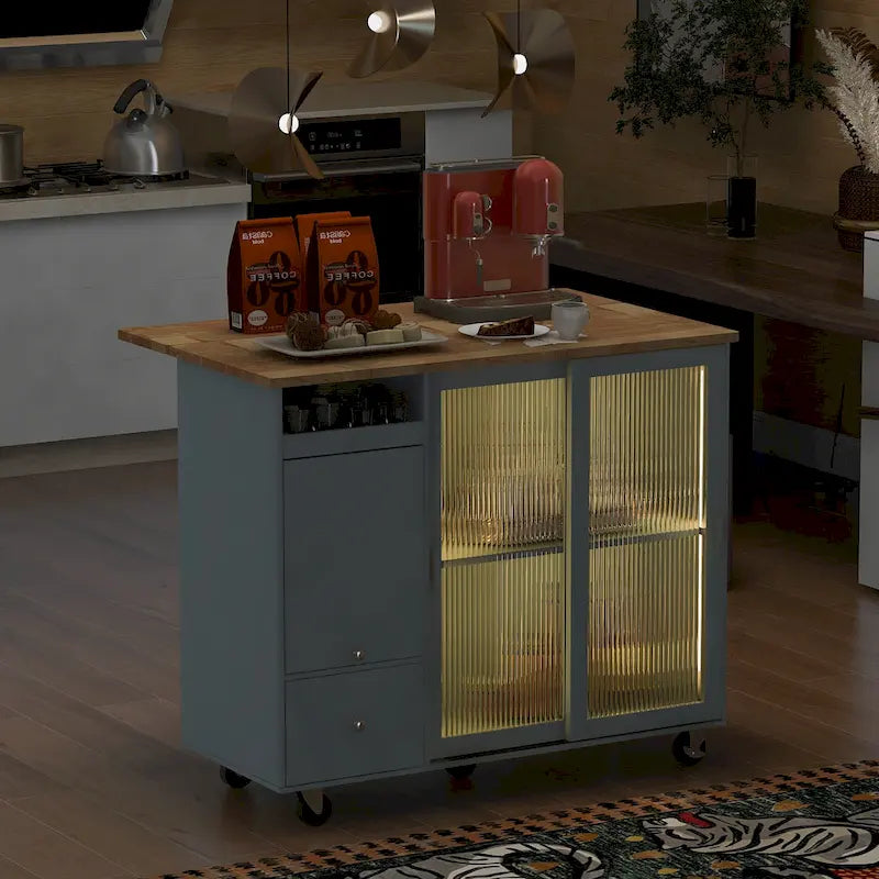 Îlot de cuisine roulant gris et bleu avec abattant, lumière LED et portes coulissantes en verre, 1 personne