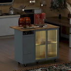 Îlot de cuisine roulant gris et bleu avec abattant, lumière LED et portes coulissantes en verre, 1 personne
