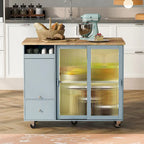 Îlot de cuisine roulant gris et bleu avec abattant, lumière LED et portes coulissantes en verre, 1 personne
