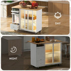 Îlot de cuisine roulant gris et bleu avec abattant, lumière LED et portes coulissantes en verre, 1 personne
