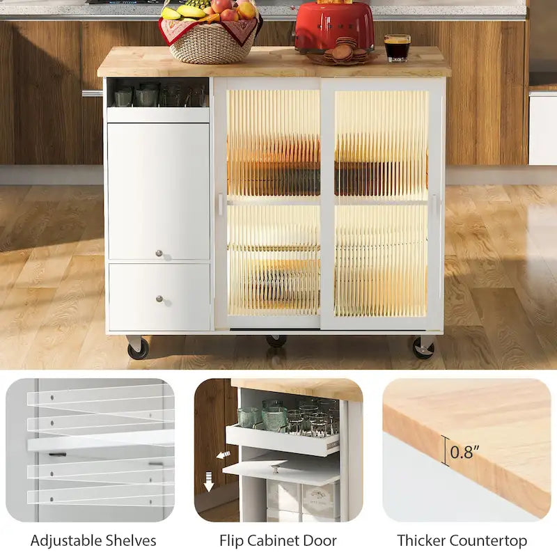 Îlot de cuisine roulant gris et bleu avec abattant, lumière LED et portes coulissantes en verre, 1 personne
