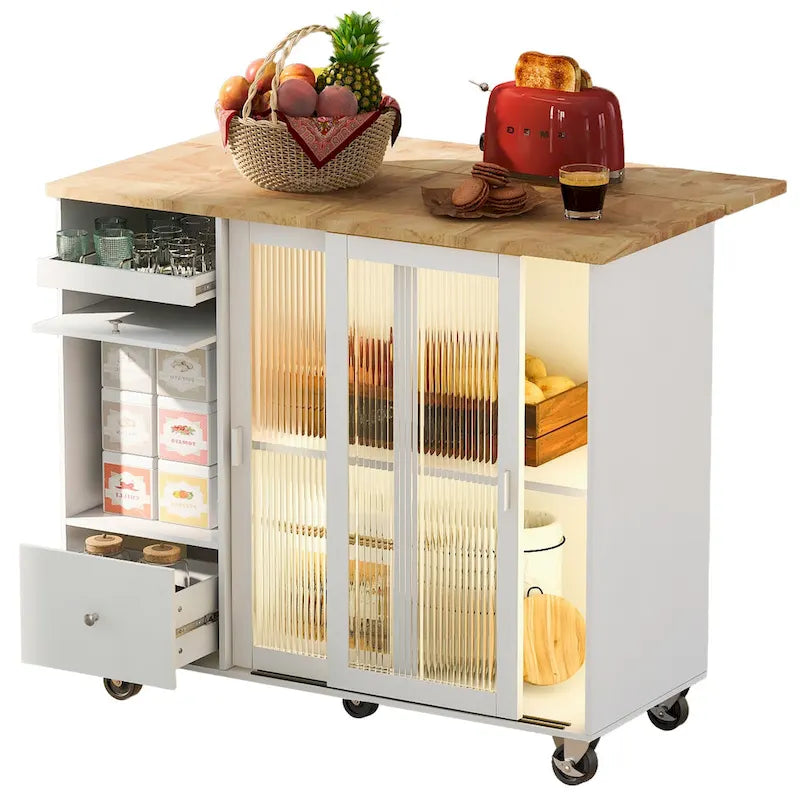 Îlot de cuisine roulant gris et bleu avec abattant, lumière LED et portes coulissantes en verre, 1 personne