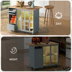 Îlot de cuisine roulant gris et bleu avec abattant, lumière LED et portes coulissantes en verre, 1 personne