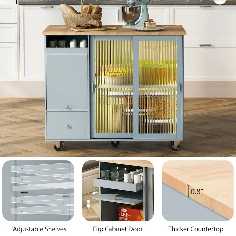 Îlot de cuisine roulant gris et bleu avec abattant, lumière LED et portes coulissantes en verre, 1 personne