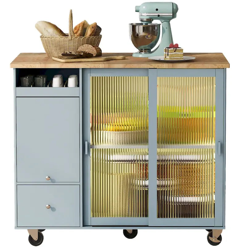 Îlot de cuisine roulant gris et bleu avec abattant, lumière LED et portes coulissantes en verre, 1 personne