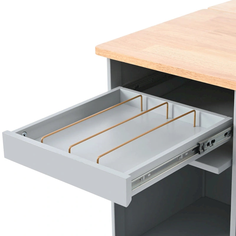 Îlot de cuisine roulant gris et bleu avec abattant, lumière LED et portes coulissantes en verre, 1 personne