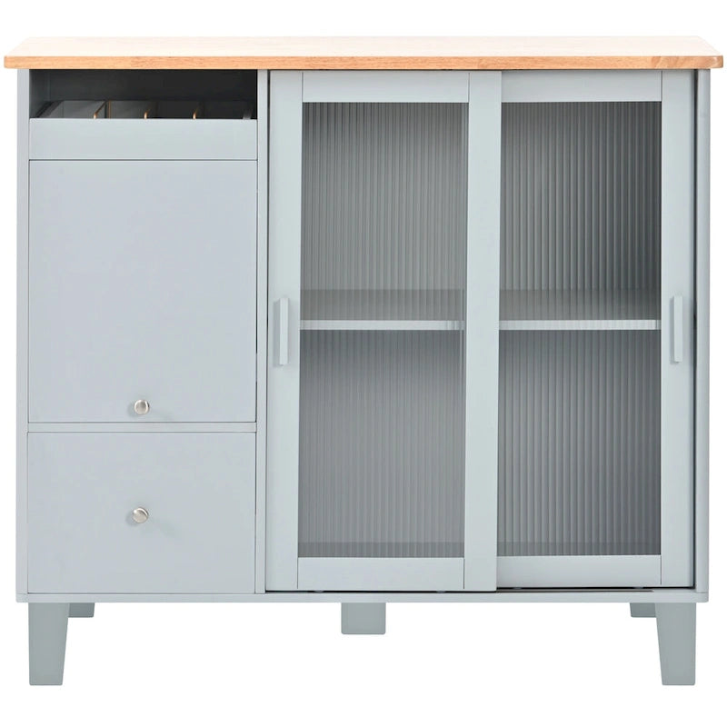 Îlot de cuisine roulant gris et bleu avec abattant, lumière LED et portes coulissantes en verre, 1 personne