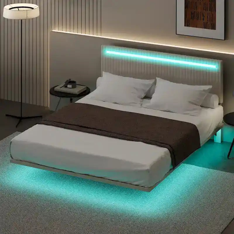 Lit plateforme flottant rembourré en velours beige/gris avec LED RVB et lumières à capteur, Queen/Full, 2 personnes