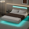 Lit plateforme flottant rembourré en velours beige/gris avec LED RVB et lumières à capteur, Queen/Full, 2 personnes
