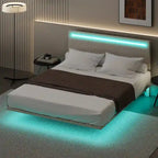 Lit plateforme flottant rembourré en velours beige/gris avec LED RVB et lumières à capteur, Queen/Full, 2 personnes