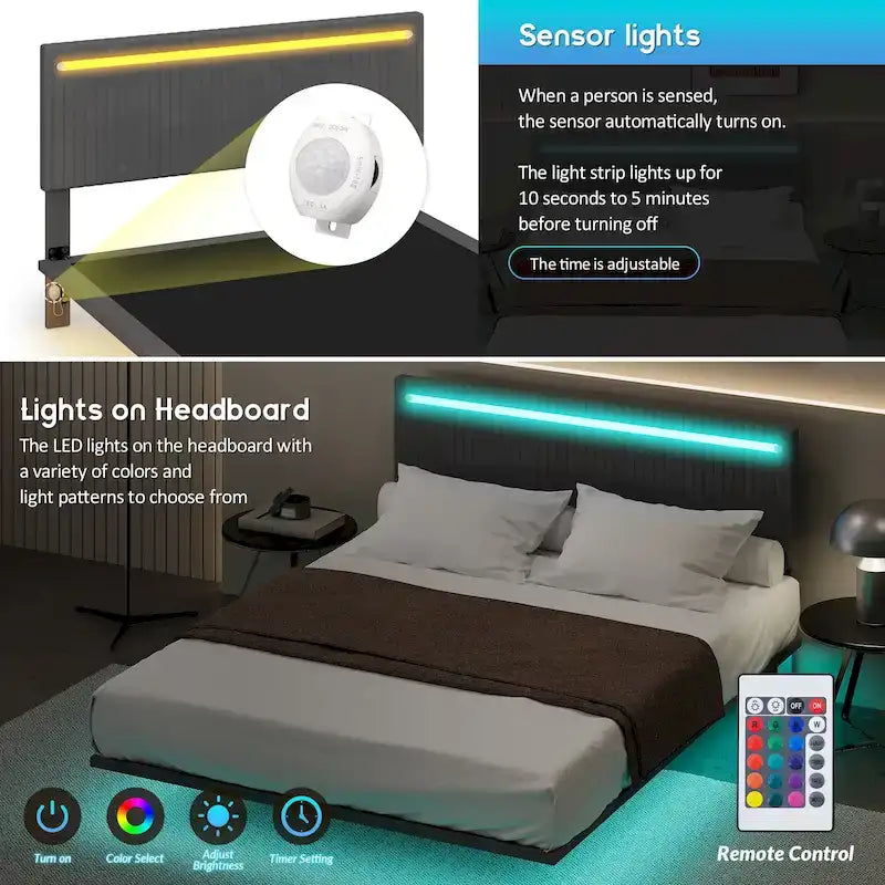 Lit plateforme flottant rembourré en velours beige/gris avec LED RVB et lumières à capteur, Queen/Full, 2 personnes