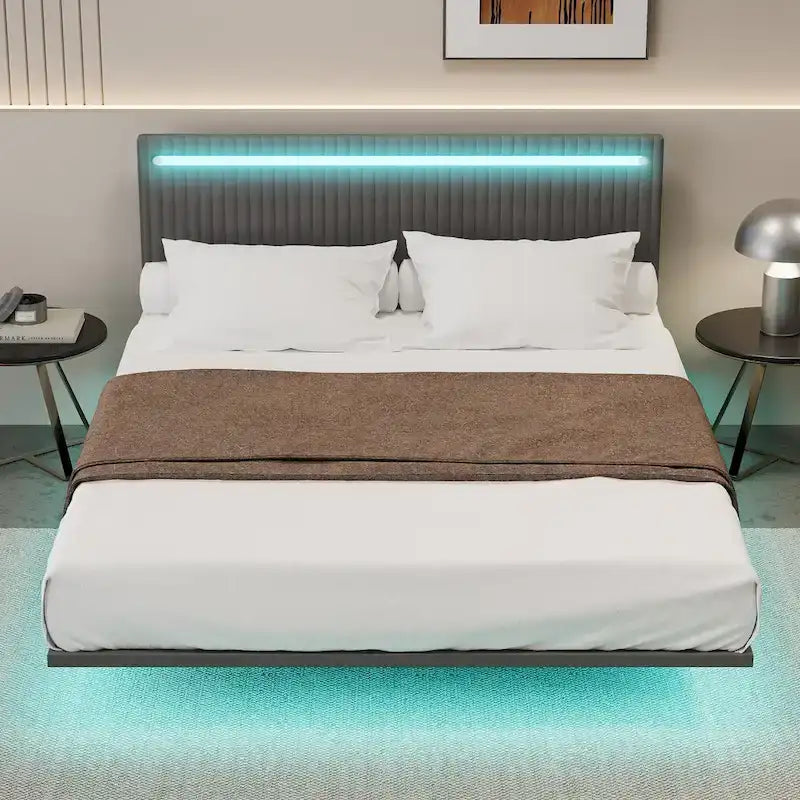 Lit plateforme flottant rembourré en velours beige/gris avec LED RVB et lumières à capteur, Queen/Full, 2 personnes