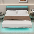 Lit plateforme flottant rembourré en velours beige/gris avec LED RVB et lumières à capteur, Queen/Full, 2 personnes