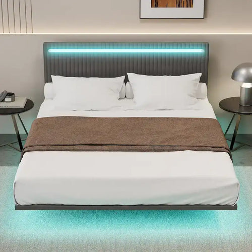 Lit plateforme flottant rembourré en velours beige/gris avec LED RVB et lumières à capteur, Queen/Full, 2 personnes