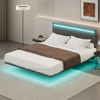 Lit plateforme flottant rembourré en velours beige/gris avec LED RVB et lumières à capteur, Queen/Full, 2 personnes