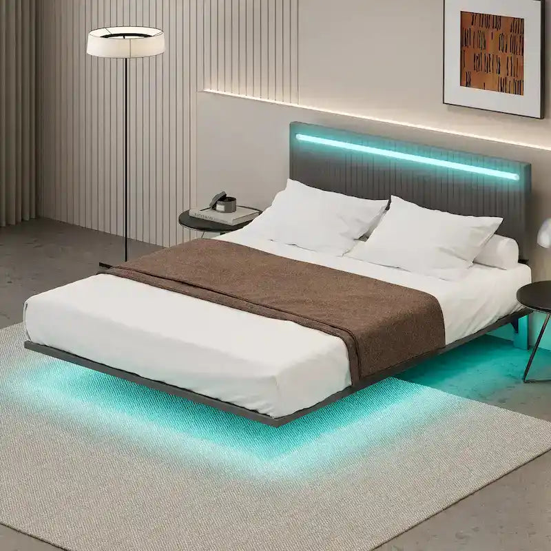 Lit plateforme flottant rembourré en velours beige/gris avec LED RVB et lumières à capteur, Queen/Full, 2 personnes