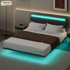 Lit plateforme flottant rembourré en velours beige/gris avec LED RVB et lumières à capteur, Queen/Full, 2 personnes